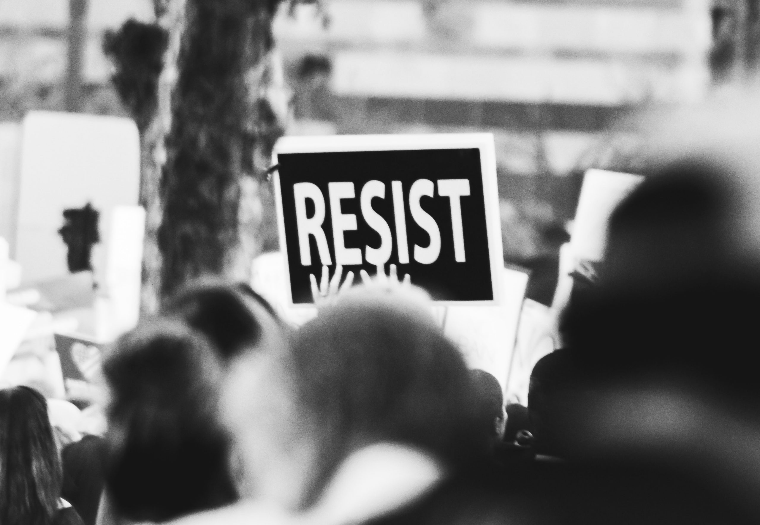 protest sign with the word resist in a crowd of people